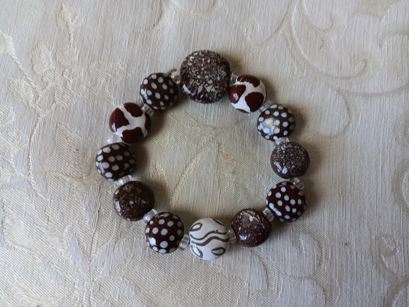 Kazuri Stretch Ceramic Beaded Bracelet, Brown and White Kazuri Beads with Crystal Clear Spacers, African Fair Trade Bead